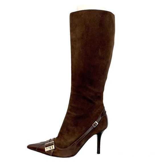 Dior Shoes - Dior chocolate brown suede leather logo heeled boots Sz 39.5